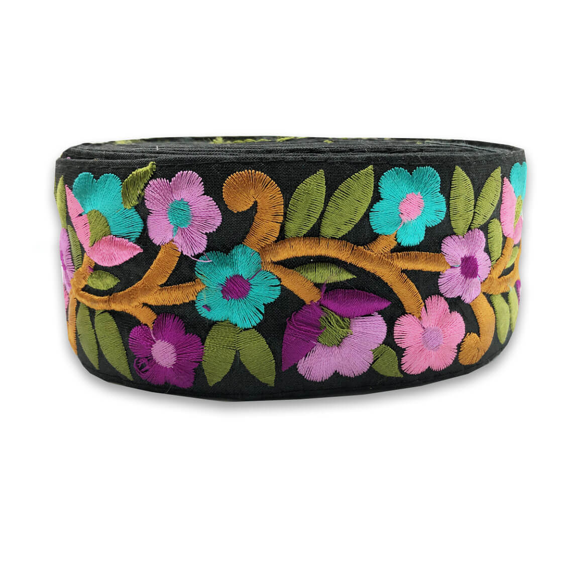 8-pasamaneria-india-mostaza-con-flores-violeta-lila-y-turquesa-fondo-negro-dos-punts-shop